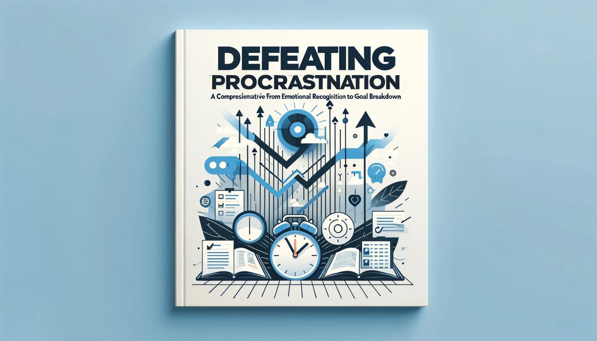 A cream-colored copy of Defeating Procrastination on a pale blue background, its cover illustrated with clocks, arrows, and open books.